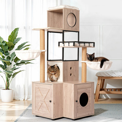 Arbre à chat 63 po multifonctionnel avec bac à litière - Comprend un coussin lavable amovible, des poteaux à griffer et un support à jouets, design moderne, gris rustique