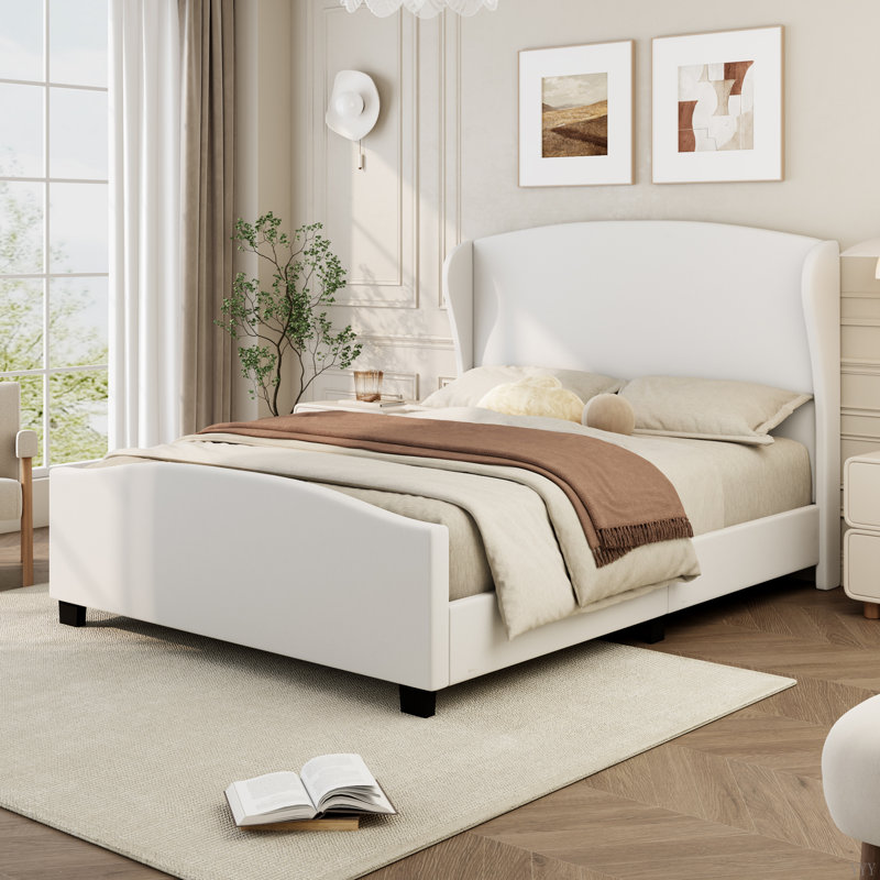Lit tapissier en lin à tête de lit de 51 po de hauteur sans sommier tapissier, Beige, Très grand lit