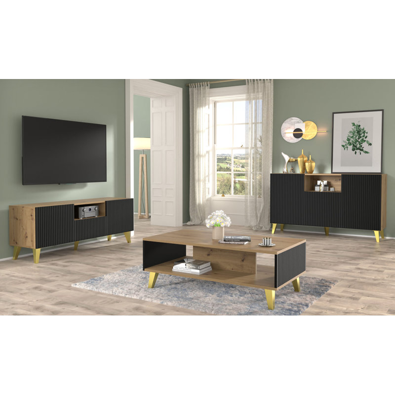 Fontainbleau Four Leg Coffee Table with Storage, Matt black/oak wood, Beige