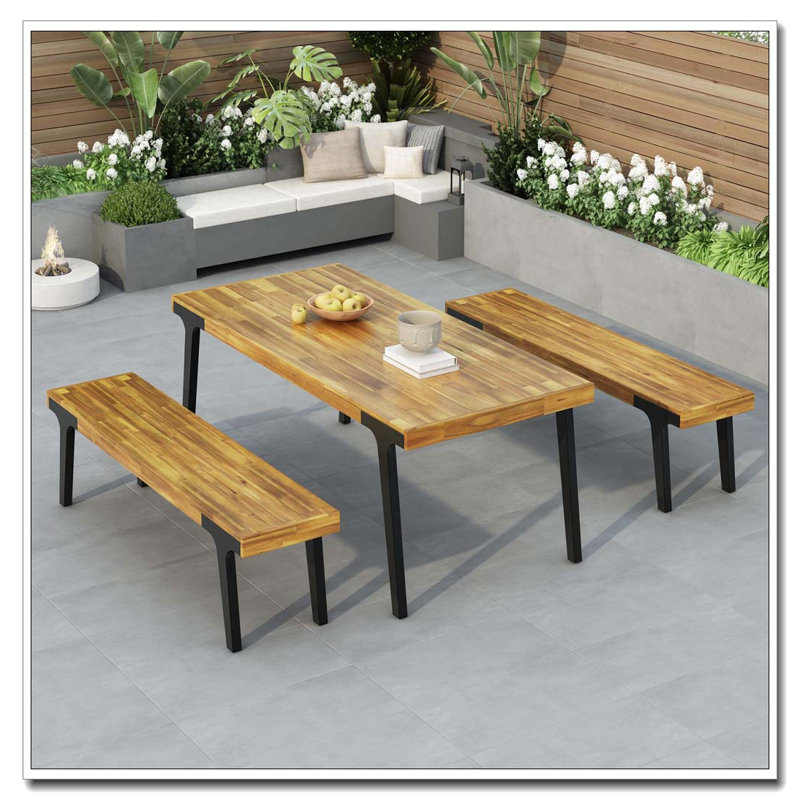 Ensemble 3 pièces de table de salle à manger et banc en bois d'acacia et métal