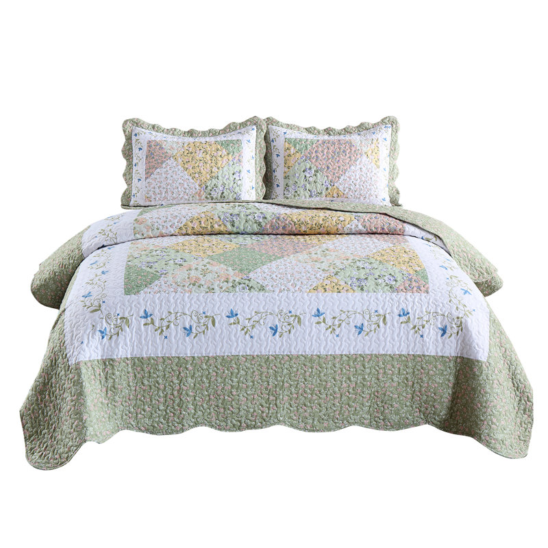 BYLily2022 Polyester Floral Quilt, Queen Quilt + 2 Standard Shams, Smoke Green