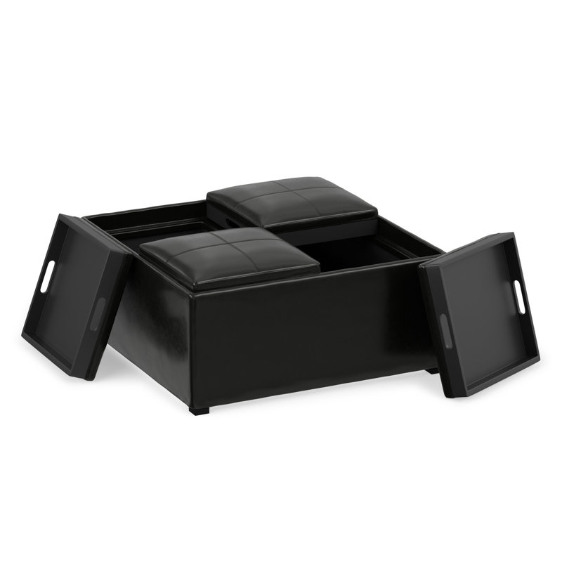 Repose-pieds de rangement pour table basse moderne en cuir végétalien l 35 po Avalon avec 4 plateaux rabattables Avalon, Noir