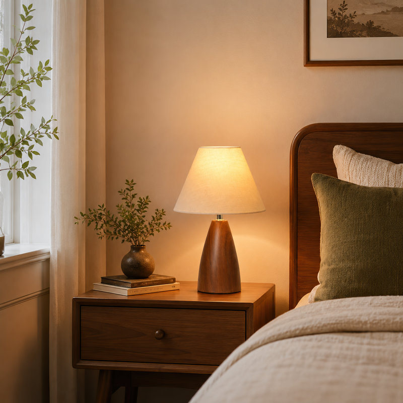 13.2" Mid-Century Dimmable Table Lamp with Cone Base and Fabric Shade