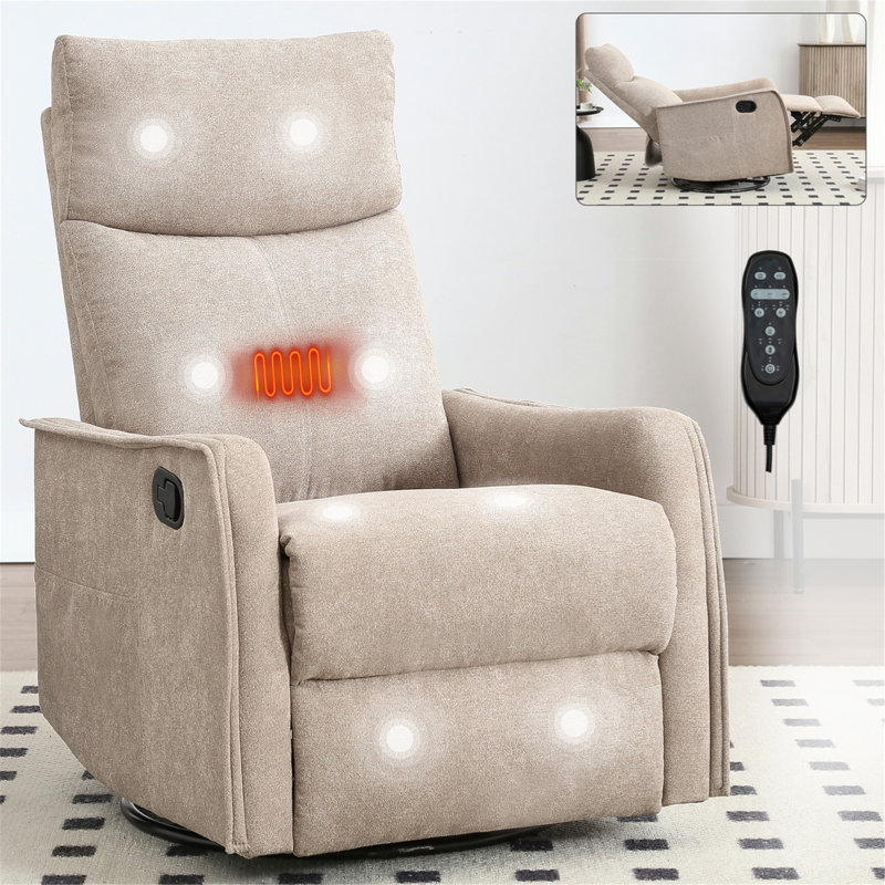 Heat Massage Manual Recliner Chair With Rocker And Swivel In Fabric For Living Room, Khaki
