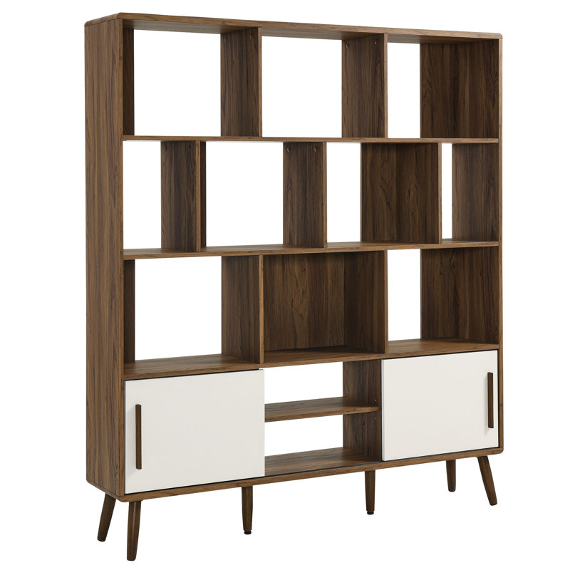 Walnut Linen 59" Wood Corner Bookcase with Sliding Doors
