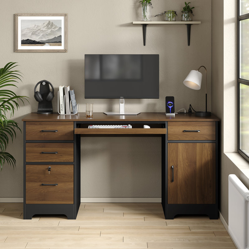 59” Industrial Executive Desk with Outlet,Computer Desk Office Desk with Keyboard Tray and Locked Drawer&Large Storage Cabinet for Home Office