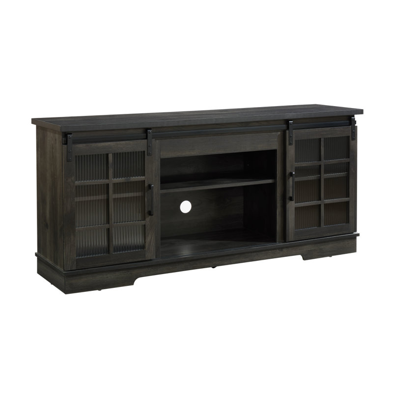 Sliding Door TV Stand Large Storage Cabinet With 2 Sliding Fluted Glass Tempered Doors, Gray