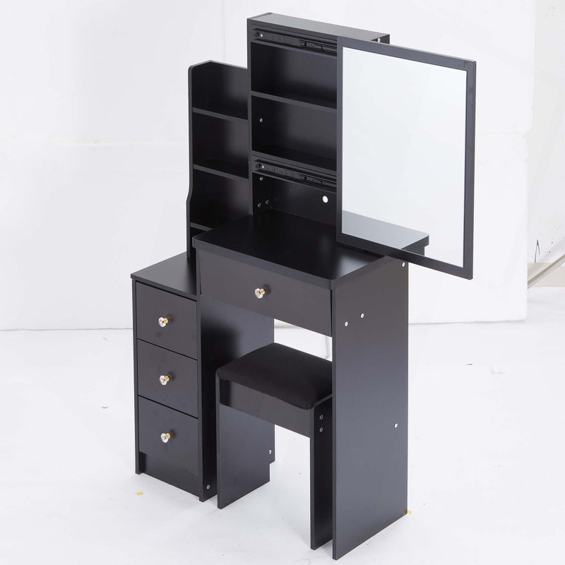 29.2" Small Space Left Bedside Cabinet Vanity Table + Cushioned Stool,Extra Large Right Sliding Mirror,Multi Layer High Capacity Storage,Practical Fashionable Dresser,Suitable For Small Space