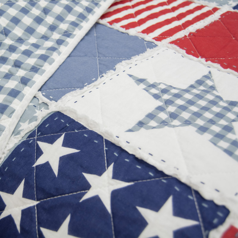 Dandelion Donna Sharp Star & Stripe Ragged Pieced Cotton Patriotic Quilt Set, King Quilt + 2 King Shams