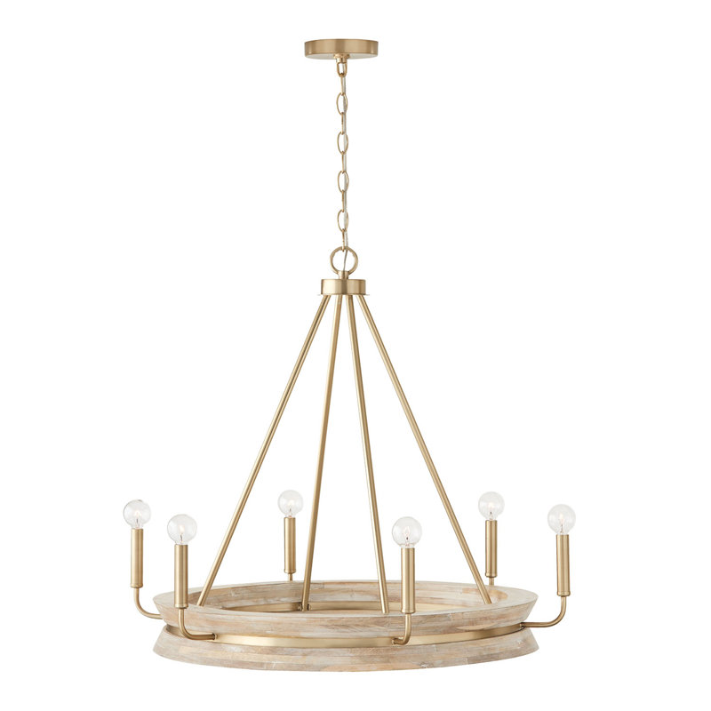 Tisbury 6 - Light Dimmable Wagon Wheel Chandelier, White Wash/Matte Brass