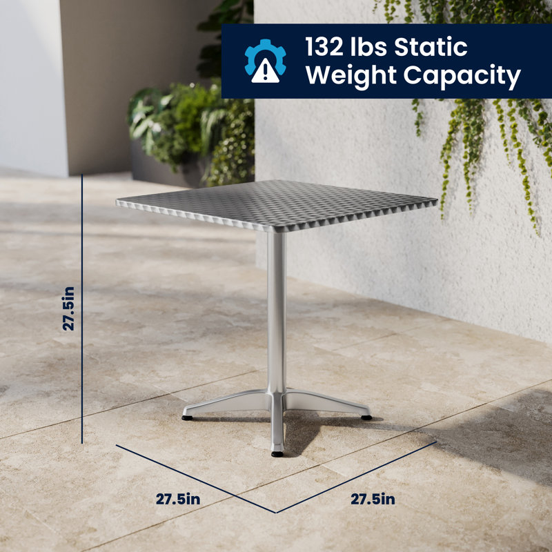 Gearard Square Aluminum Indoor-Outdoor Table Set with 2 Slat Back Chairs, 27.25" H x 27.5" W x 27.5" D, Silver