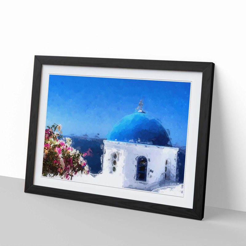 Santorini Blue Domed Church in Abstract - Picture Frame Graphic Art Print, 40cm H x 60cm W x 2cm D, Black