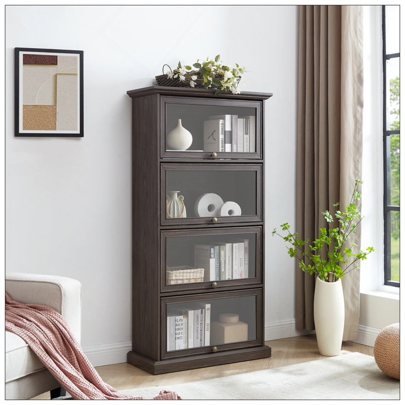 Vitrine à 4 niveaux pour salon Vitrine de rangement élégante avec portes en verre escamotables, Brun