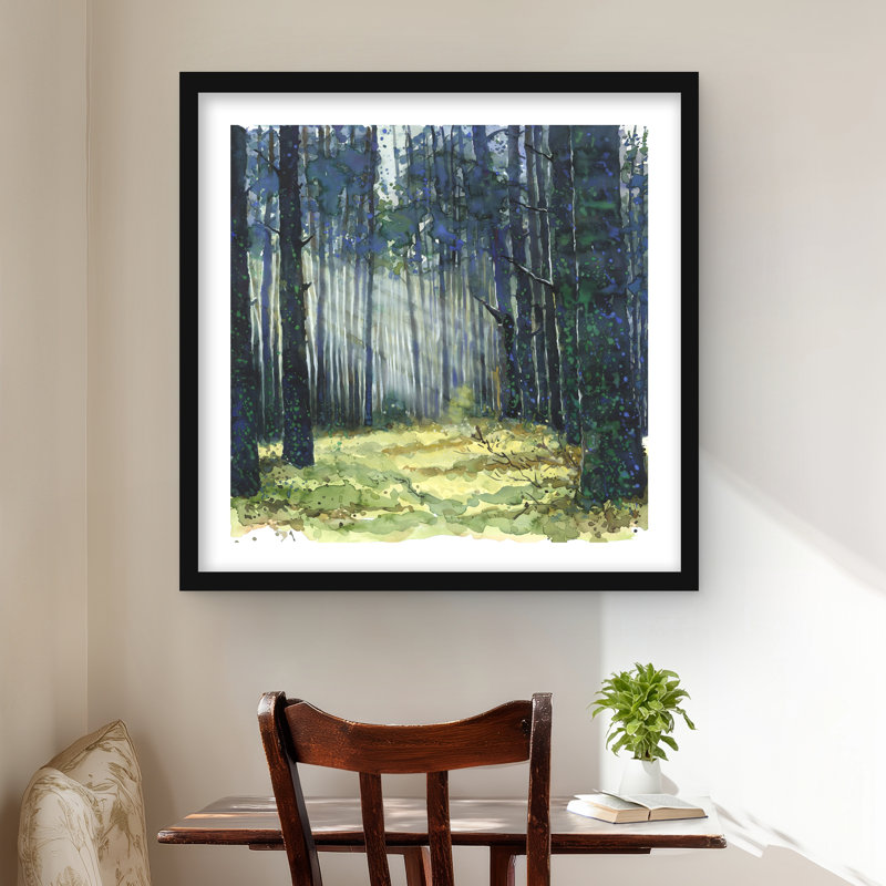 Glow - Arbres, reproduction encadrée avec passe-partout bleu