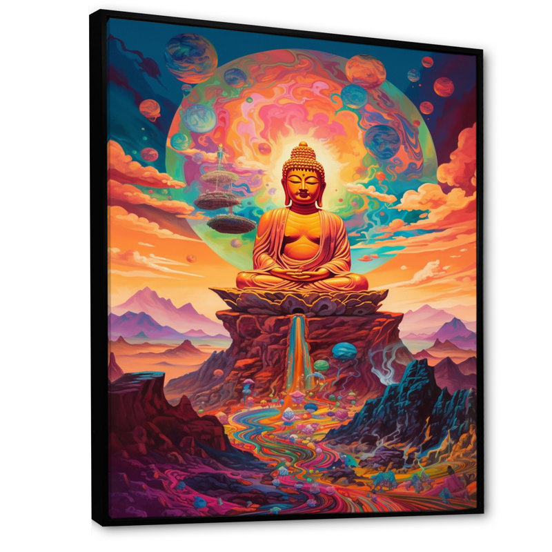 Bouddha psychédélique dans les montagnes I - reproduction sur toile, H 44 po x l 34 po x P 1,5 po, Cadre flottant noir