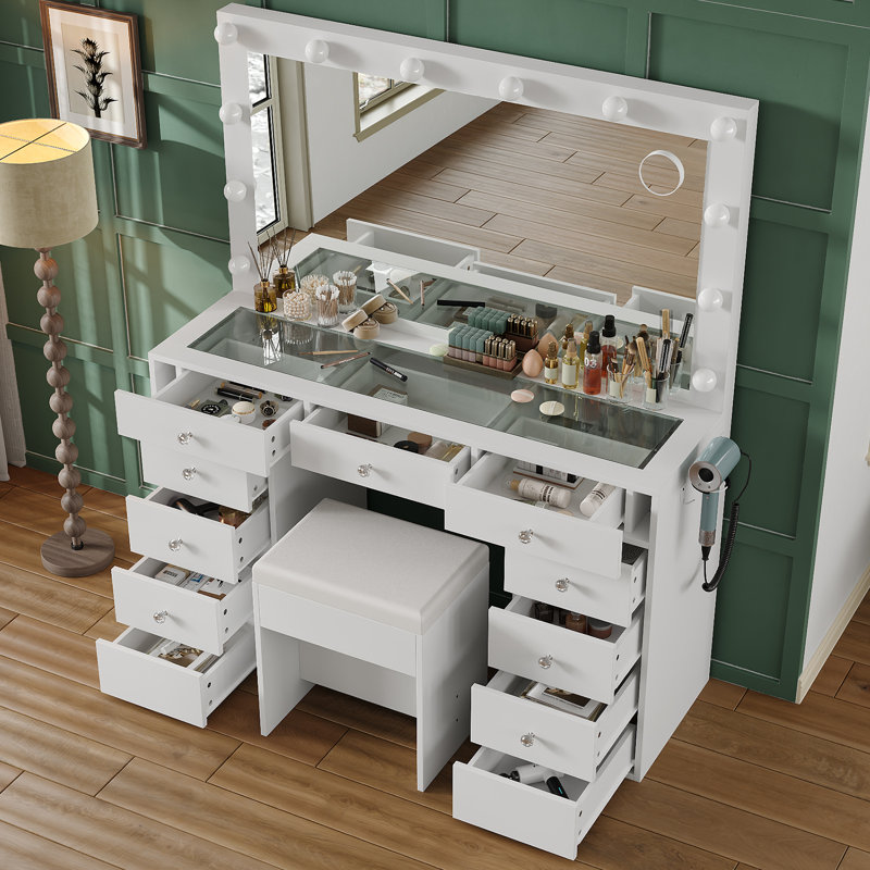 11-Drawer Vanity Set with LED Lights, White