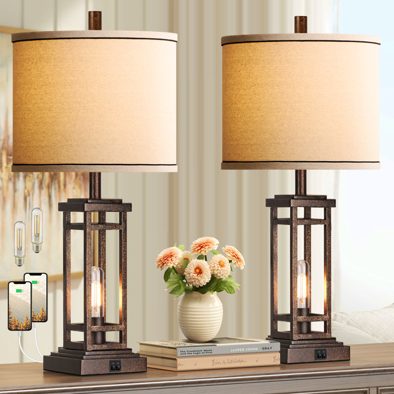 Ensemble de 2 lampes de table de campagne 27,5 "avec ports USB A + C, lampes de salon rustiques pour table de chevet de salon
