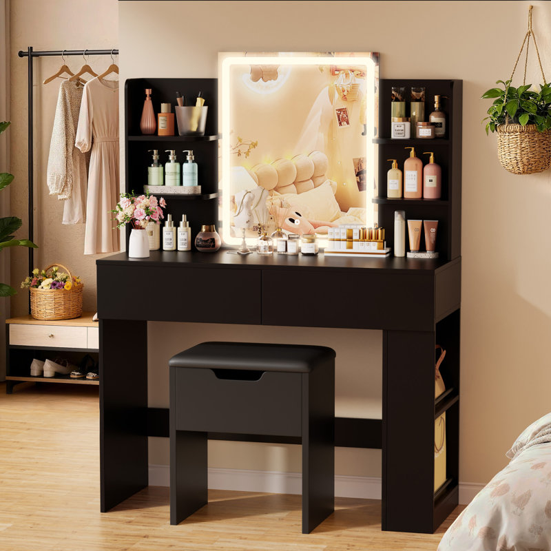 Vanity Desk Set with LED Lighted Mirror & Storage Drawers, Makeup Vanity with Cushioned Stool for Bedroom, Yes, Black