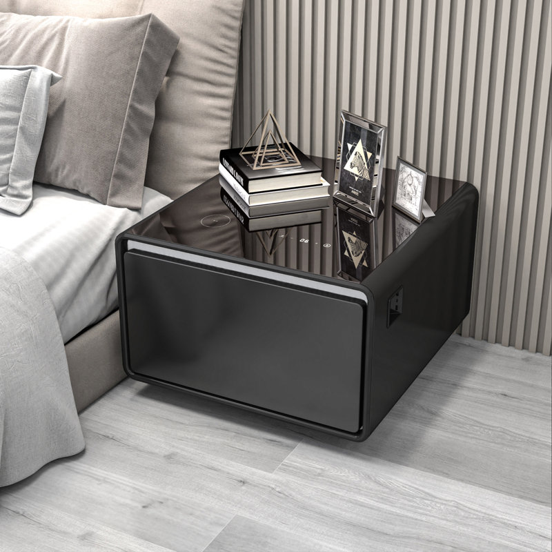 Black High Gloss Smart End Table with Fridge Drawer and Charging Station