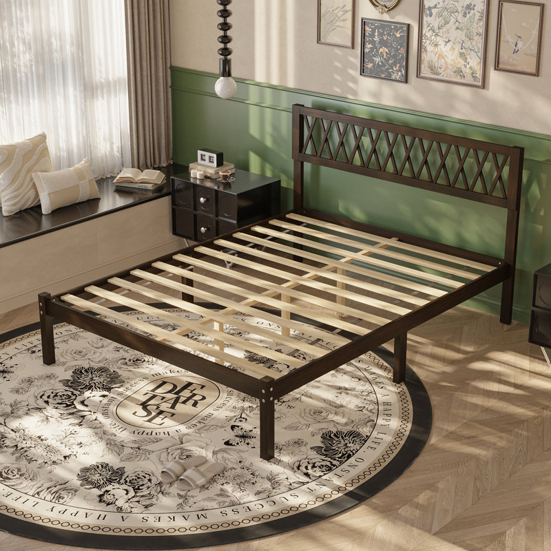 Rustic Acacia & Rubberwood Platform Bed Frame With Diamond Lattice Headboard, No Box Spring Required