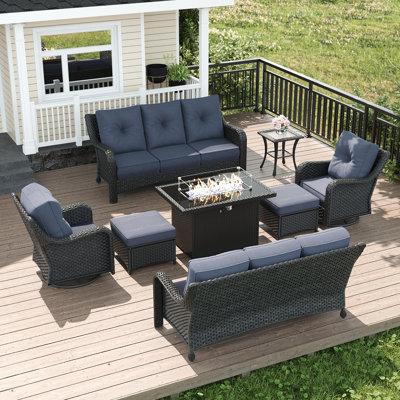  Ensemble de meubles d'extérieur en osier 8 pièces avec coussins confortables de 6 pouces, ensemble de meubles de patio à haut dossier avec chaises berçantes pivotantes et table de foyer