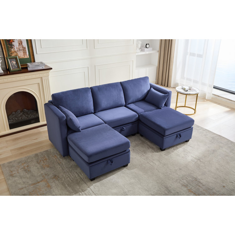 Calkins Modular Couch Sofa Storage Seats And Double Reversible Ottomans, Blue