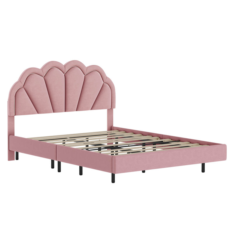 Lit plateforme tapissier à profil bas, Double, Rose