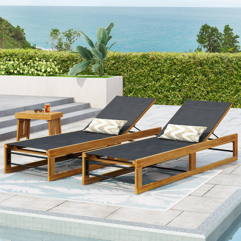  Ensemble de 2 chaises longues inclinables contemporaines d'extérieur avec dossier réglable en filet, noir