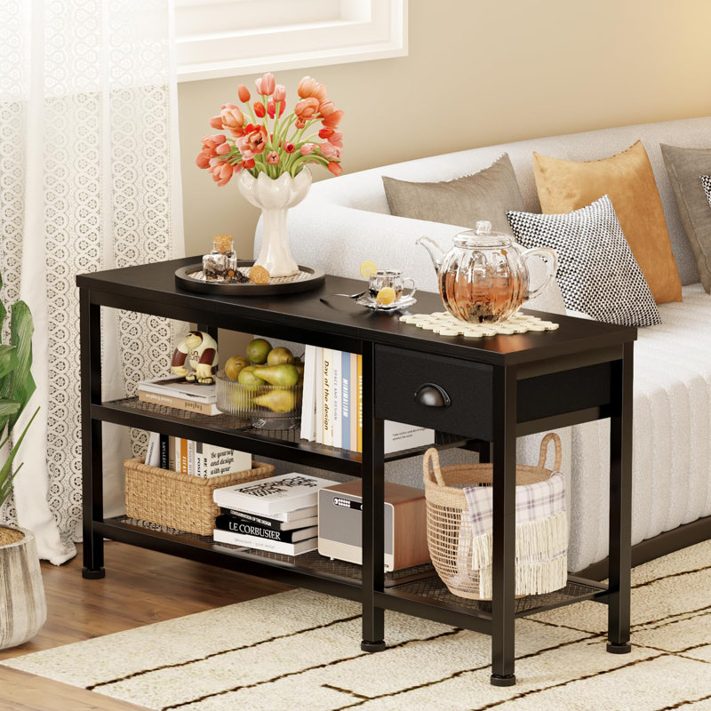 35.43" Entryway Shoe Bench with Wood Seat and Metal Grid, Black
