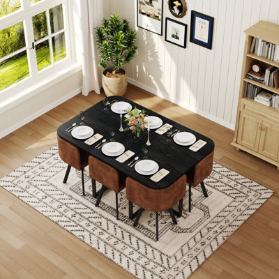 Ensemble de table de salle à manger 7 pièces avec 6 chaises en suède brun, table de cuisine rectangulaire en grain de bois noir (planche de triamine), ensemble de mobilier de salle à manger moderne pour petit espace, appartement, restaurant