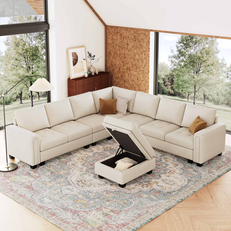 Shavera 7 - Piece Large L Shaped Velvet Modular Sofa Living room Corner Sofa Sectional Couch with Storage Ottoman