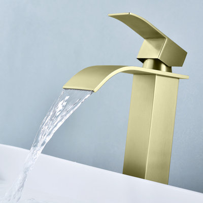 Single Handle Waterfall High Arc Bathroom Sink Faucet with Deck Plate in Brushed Gold