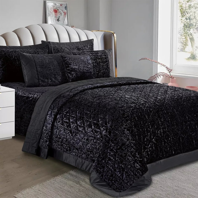 Velvet Plush Crushed Velvet Quilted Coverlet Set – Soft Microfiber Backing, Black, King Bedspread + Pillowshams