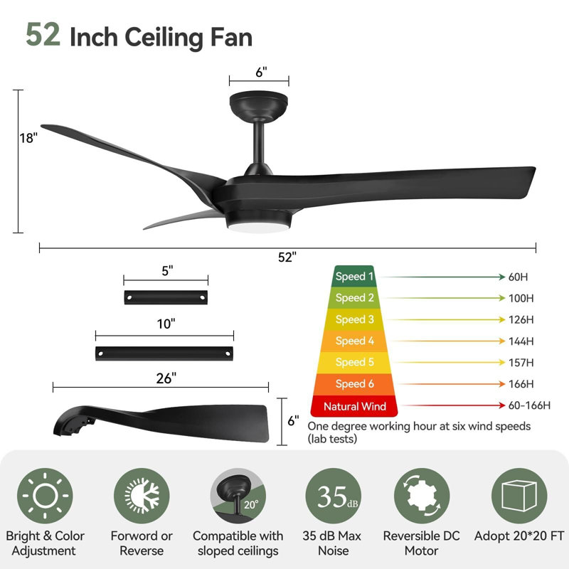 52" Modern Ceiling Fan With Remote Control, Black