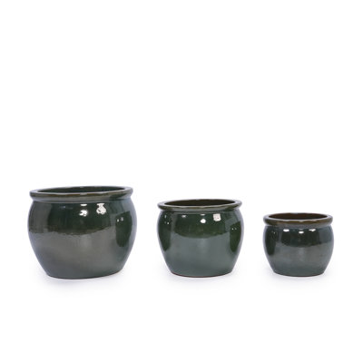 Handmade Dark Green Glazed Ceramic Planter Set Of 3, 15/12/9 Inch Diameter, Solid Glossy Finish, For Succulents & Herbs Outdoor Garden & Indoor Staircase Use, Breathable Clay With Drainage Holes