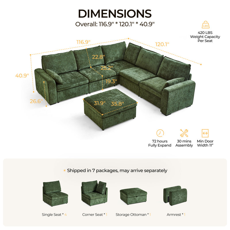 6-seater Oversized Modular Sofa Comfy Cloud Couch With Storage Chenille Deep Convertible Sectional Sleeper Sofa Bed Pet Friendly Covers Washable