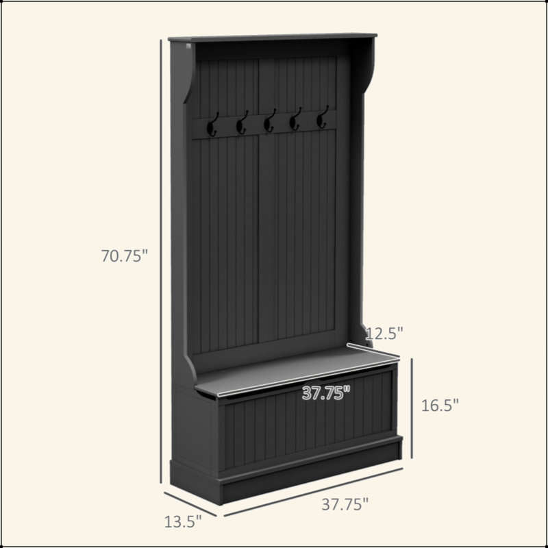 3-In-1 Entryway Hall Tree With Storage Bench, Coat Rack With Four Hooks And Shoe Storage, Black