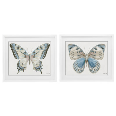 Ensemble de 2 reproductions encadrées sous verre bleu encadré de papillons, par Danhui Nai