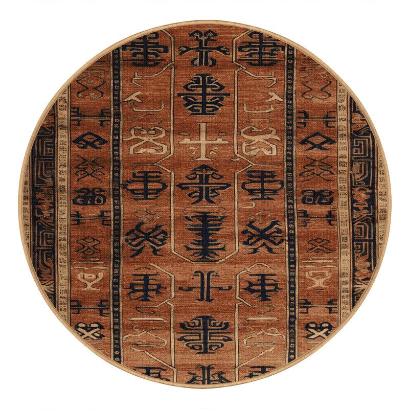 Tapis art déco brun lavable à la machine, Rond 3 pi