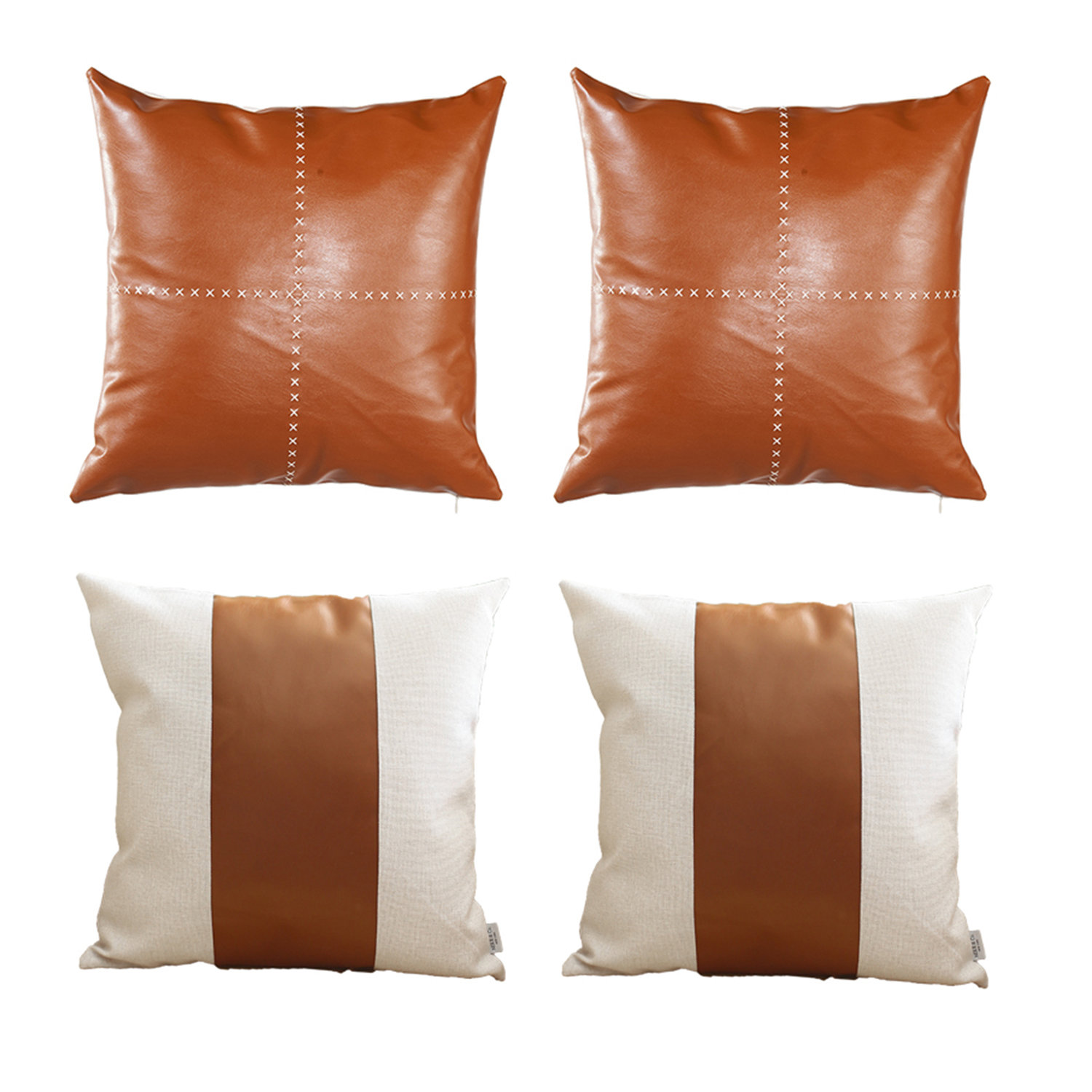 Mike&Co. New York Boho Embroidered Handmade Set of 4 Throw Pillow 18 x 18 Vegan Faux Leather Solid Brown & Beige Square for Couch, Bedding - Brown