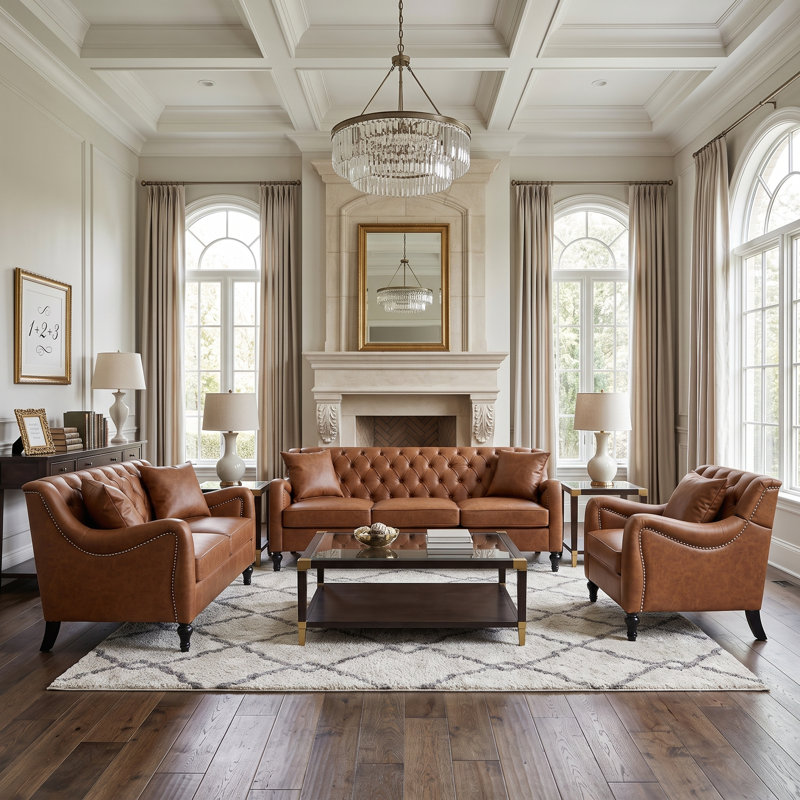 Ensemble canapé et fauteuil de salon Regency en cuir PU capitonné avec structure en bois massif, Tanné