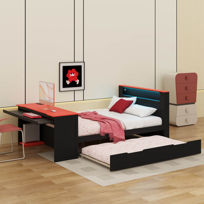 Lit de jour en bois avec couchette et bureau, lit de jeu avec lumière DEL et USB, tête de lit avec rangement, Lit double