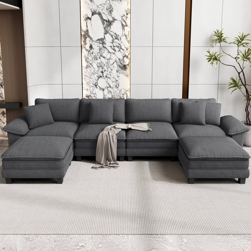 Sofa & Chaise, 6, Light Grey Corduroy