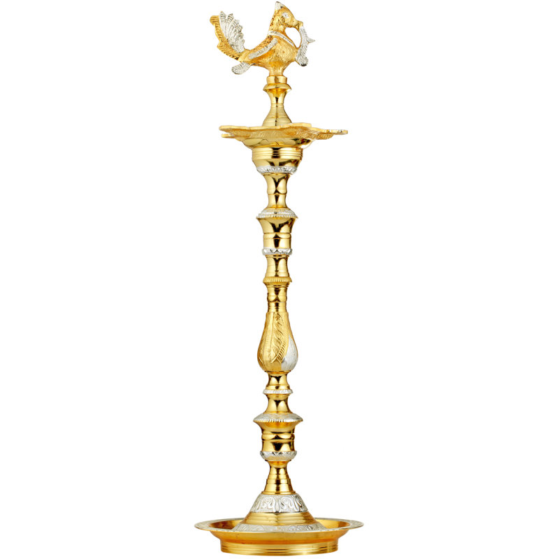 25" Handcrafted Brass Peacock Ritual Floor Lamp – Traditional Kerala Nila Vilakku Oil Diya​