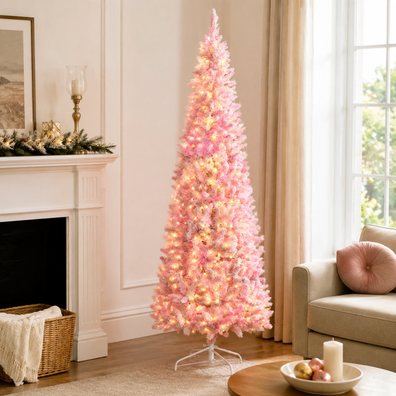 Sapin de Noël HOMCOM de 2,3 m (7,5 pi) préilluminé, rose floqué, avec lumières DEL blanc chaud