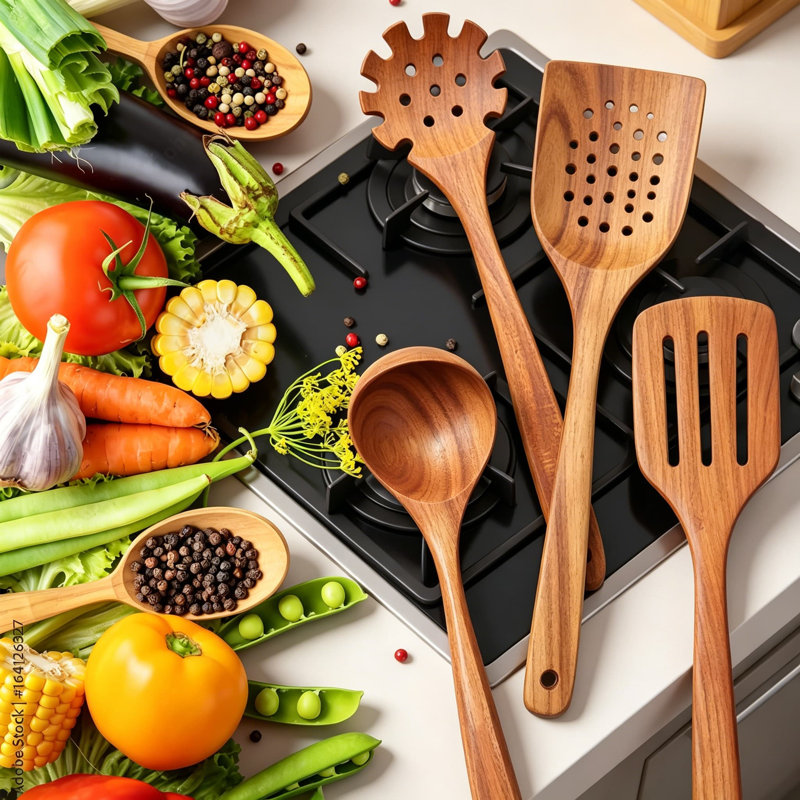 Ensemble de 11 cuillères en bois pour la cuisine, ustensiles de cuisine en bois de haute qualité avec cuillère à tamis, desserte à pâtes, spatule frite, fourchette à salade, batteur à œufs et épandeur à beurre
