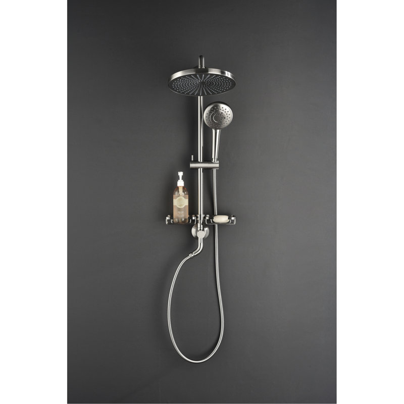 Fusion de douche avec pomme de douche à effet pluie de 10 po, douche à 4 poignées, vis coulissante réglable et porte-savon en ancre de fusion en nickel brossé