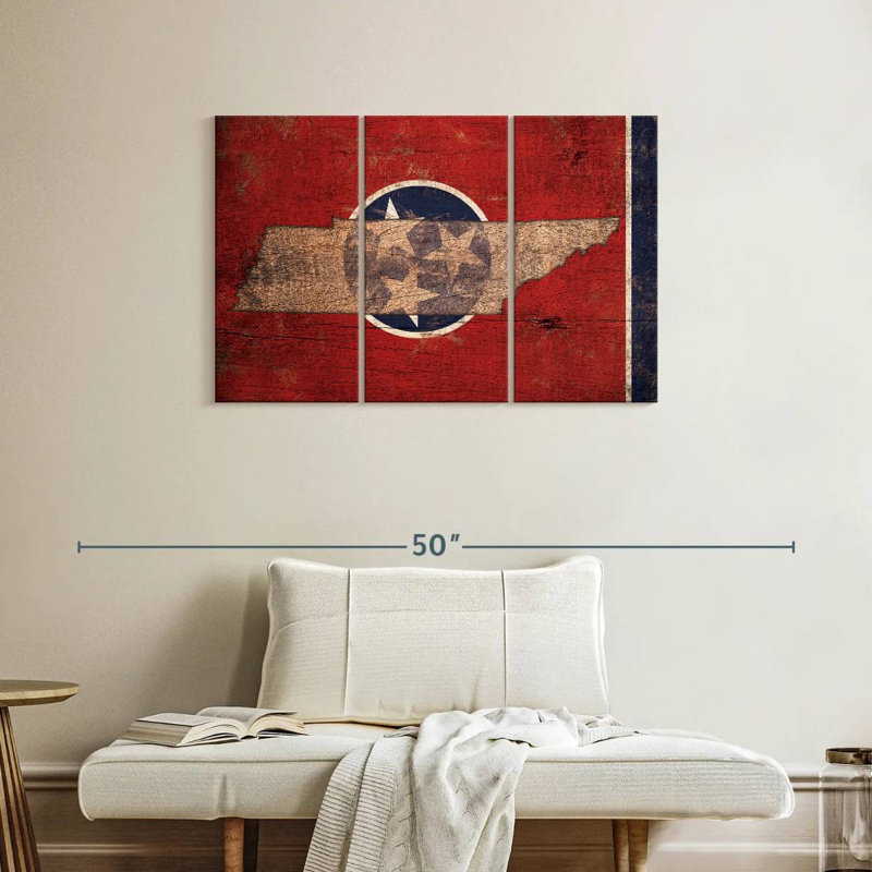 " State Map Over Tennessee Flag " by Echoes Of America 3 - Pieces, 24" H x 38" W x 1.25" D