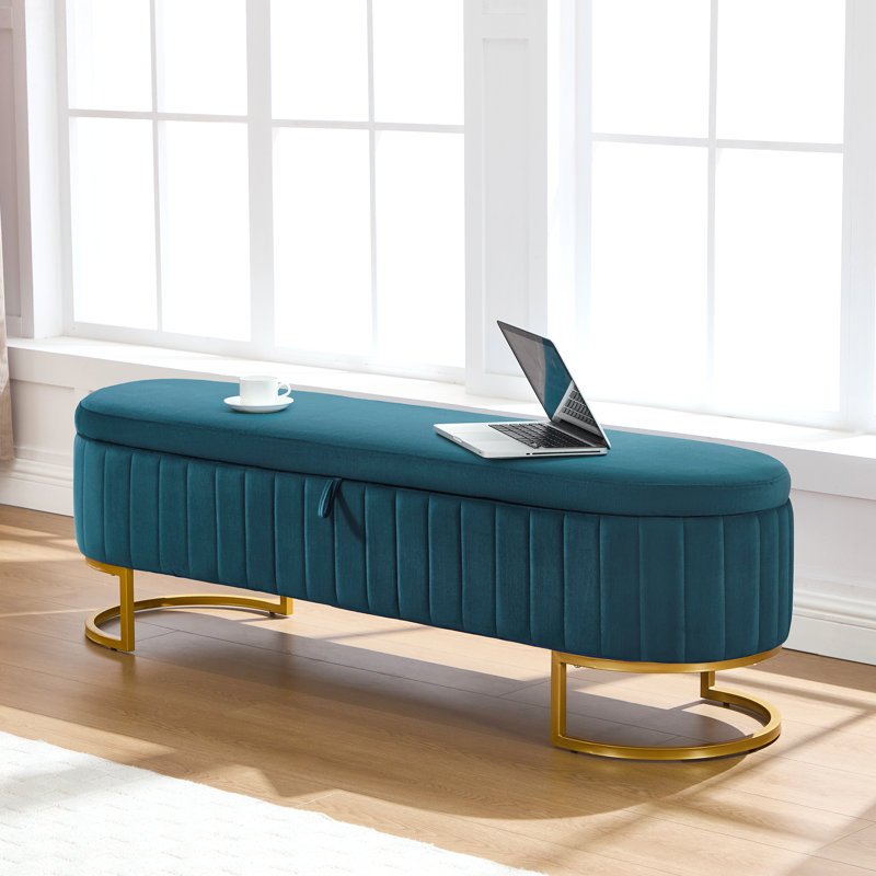 Banc de rangement rembourré en velours avec pieds en fer en forme de fer à cheval pour le salon: solution de bout de lit élégante et fonctionnelle