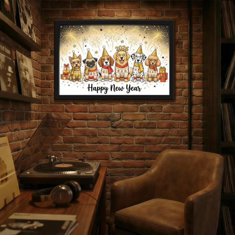 Animaux, bonne année, chiens avec feux d'artifice, H 12 po x l 18 po